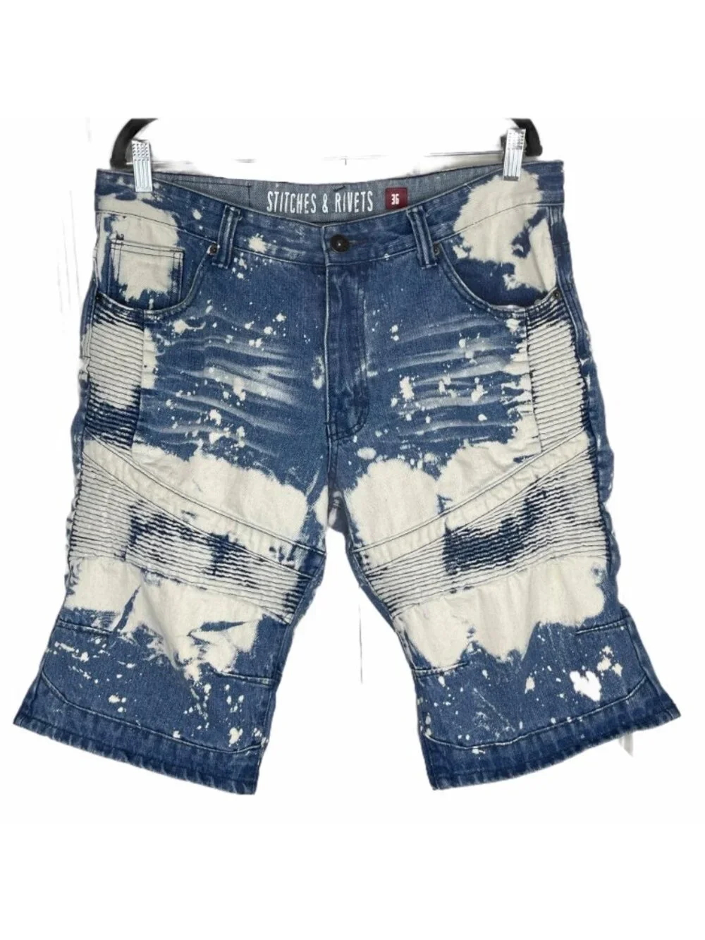 Stitches Rivets Shorts Size 36 Moto Thigh Bleach Dyed Denim Blue Medium Wash Men